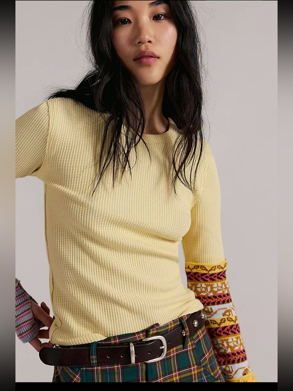 We The Free Pale Yellow Waffle Knit Crewneck with Patterned Long Sleeve